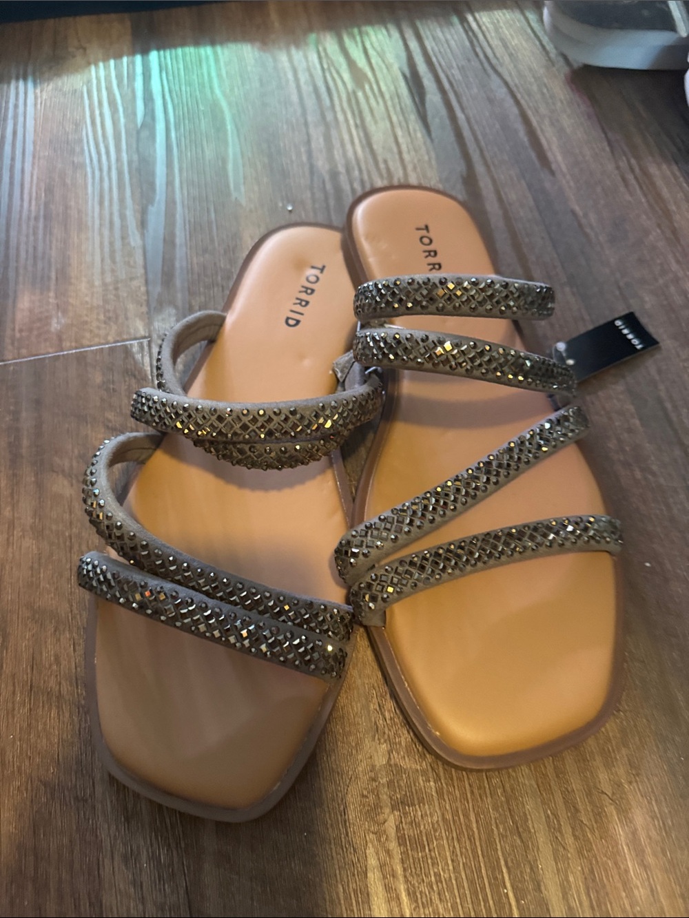 torrid taupe crystal multi-strap slide sandals